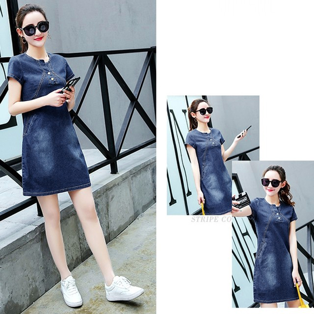 ĐẦM JEAN SUÔNG CỔ V ĐÍNH NÚT 